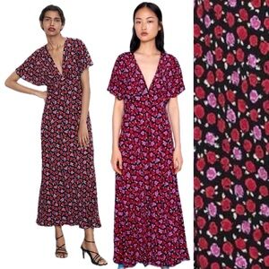 Zara Rose Floral Black Pink Red V Neck Bell Sleeve Boho Maxi Dress
